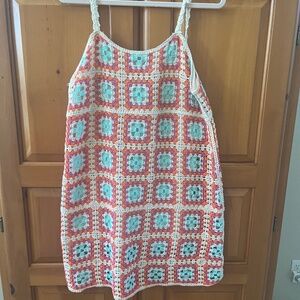 Aqua Crochet Square-Pattern Slip Dress in Orange, Turquoise & Cream